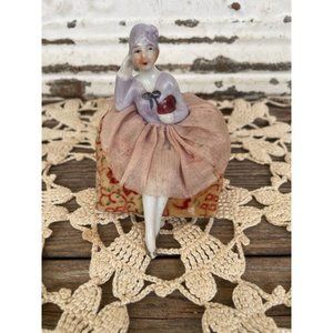 Antique Bathing Beauty Type Pincushion Half Doll Legs Out On A CHair